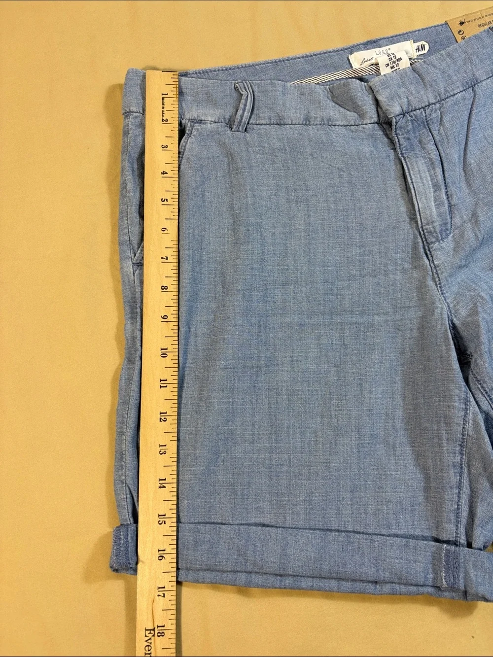 H&M L.O.G.G. Blue Chambray Cuffed Stretch‎ Twill Chino Walking Shorts Women's 12
